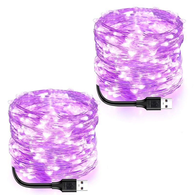 Blingstar أضواء الجنية المدعومة بواسطة USB من بلينغستار، عبوة 2، 33 قدم، 100 LED، سلك فضي مرن، أضواء خيطية صغيرة لشجرة عيد الميلاد/الهالوين/غرفة النوم/التخييم/تزيين العطلات، بنفسجي - Image 1